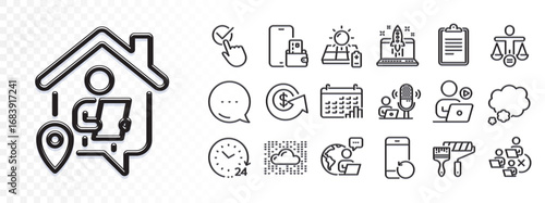 Dollar exchange, Phone wallet and Outsource work line icons for web app. Glare of light effect. Message icon. Pack of Ethics, Podcast, Talk bubble pictogram icons. Vector