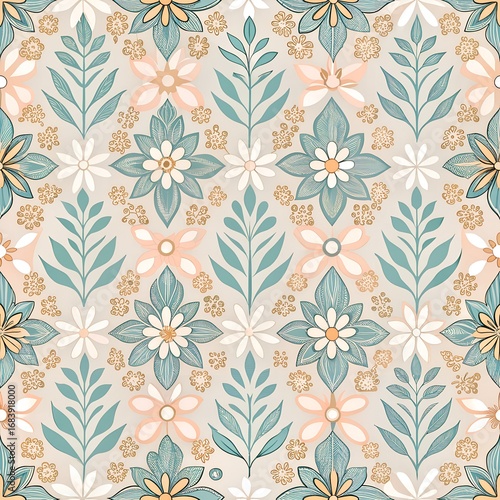 Soft Pastel Seamless Jamdani-Inspired Pattern with Minimal Floral and Diamond Shapes, Boho Chic Style