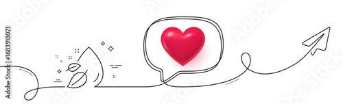 Water drop line icon. Continuous line with share plane. Moisture sign. 3d heart in speech bubble. Water drop single line ribbon. Loop curve pattern. Vector