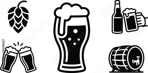 Vector art of set of beer icons including hops, beer glass, beer mugs, beer bottles, and beer barrel