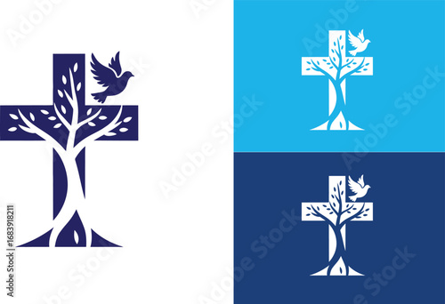 Vector art of christian cross with a tree and a dove, symbolizing faith, growth, and peace