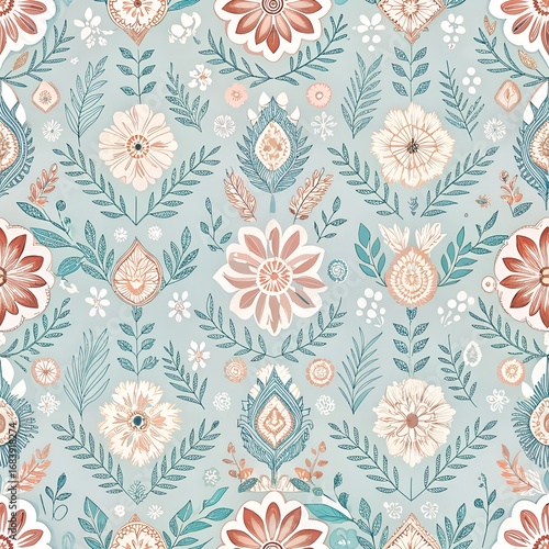 Soft Pastel Seamless Jamdani-Inspired Pattern with Minimal Floral and Diamond Shapes, Boho Chic Style