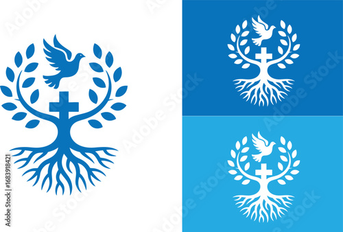 Vector art of christianity symbol with a cross, tree, dove, and roots