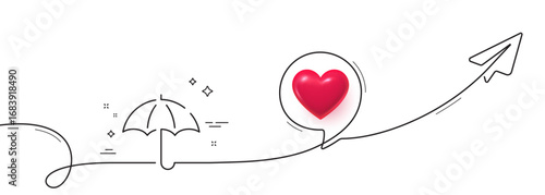 Umbrella line icon. Continuous line with share plane. Rain defence sign. Safe insurance symbol. 3d heart in speech bubble. Umbrella single line ribbon. Loop curve pattern. Vector