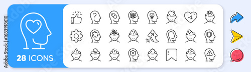 Mental health line icons. Interest rate, AI generate, Inflation icons. Stress anxiety, headache pill and person therapy set. Bipolar disorder, cognitive trouble and depression line icons. Vector