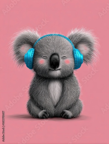 cartoon-style koala wearing bright blue headphones, sitting against a solid pink background. The koala is depicted with a round, fluffy gray body and large, fluffy ears.