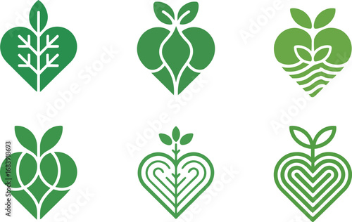 Vector art of collection of six green heartshaped icons with plant and leaf motifs, symbolizing nature, growth, and love