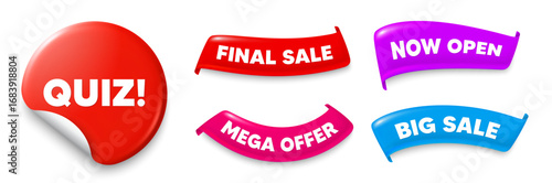 Quiz sticker, Sale offer ribbons. Big sale, Now open. Quiz tag. Answer question sign. Examination test symbol. Sticker badge. Flag ribbon banners. Discount offer banners. Vector