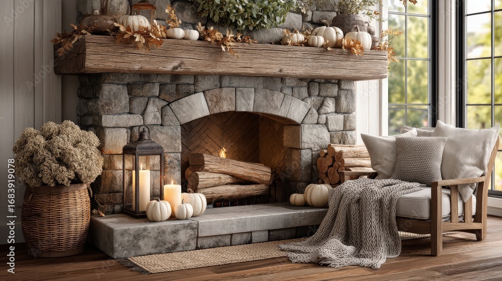 Obraz premium Fall & Autumn : Cozy fireplace with pumpkins and decor in a warmly lit room.