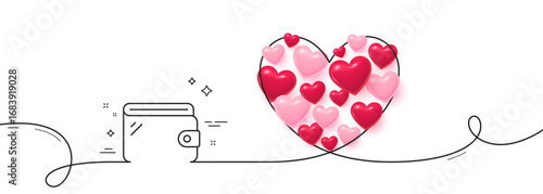 Wallet line icon. Continuous line big heart. Money purse sign. Cash budget symbol. 3d hearts in heart shaped loop. Wallet single line ribbon. Loop curve pattern. Vector