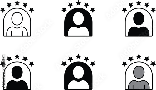 Vector art of collection of six icons depicting user profiles or individuals, each framed by an arch and topped with five stars, symbolizing rating, quality, or customer satisfaction