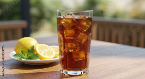 Refreshing Iced Tea with Lemon and Mint on Wooden Table
