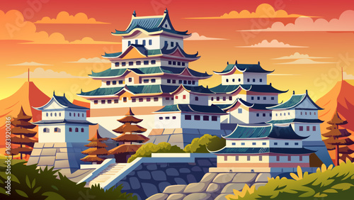 Himeji Castle in Japan dazzles with white walls, curved rooftops, and graceful towers, representing feudal elegance, defensive strength, and refined aesthetics of traditional Japanese architecture.