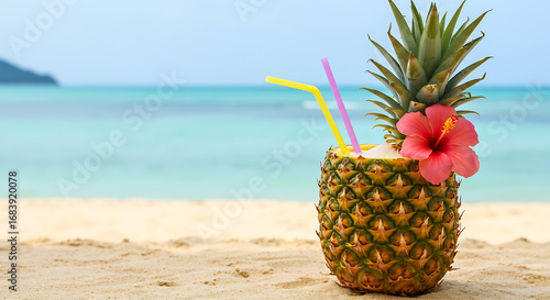 Exotic piña colada served in a hollowed pineapple with straw and tropical flower, placed near the ocean