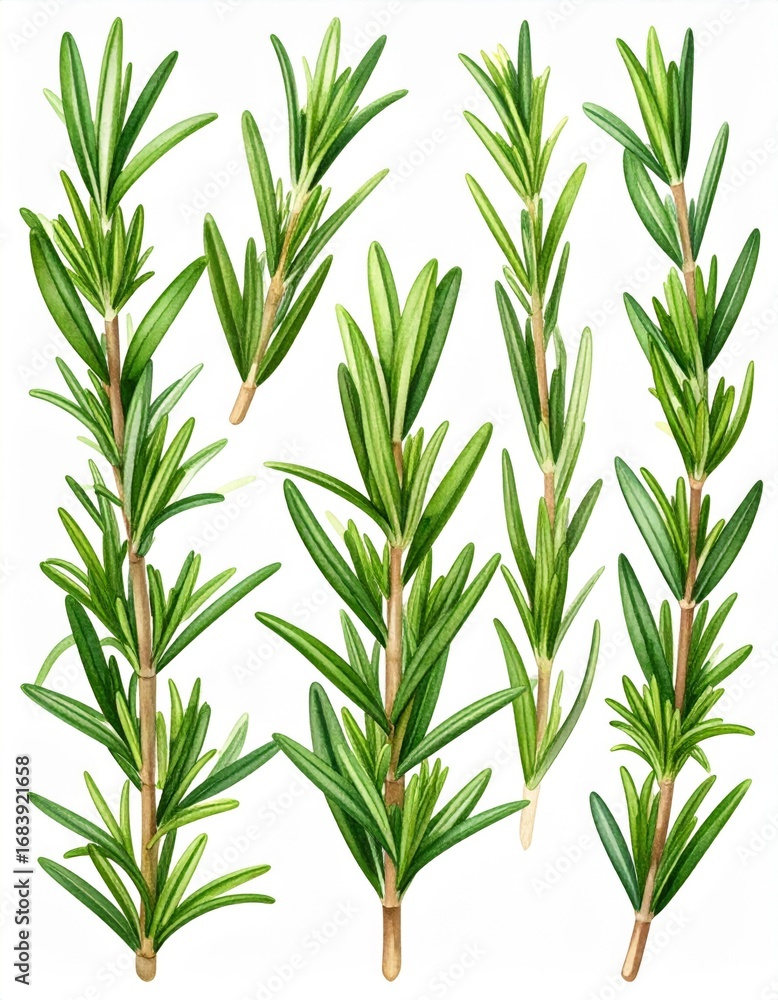 Fototapeta premium Several Fresh Rosemary Sprigs with Needle Like Green Leaves on White Background