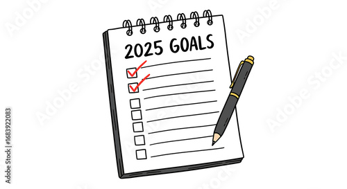 Vector illustration of “2025 Goals” notebook with handwritten checklist items, one goal checked, isolated on white