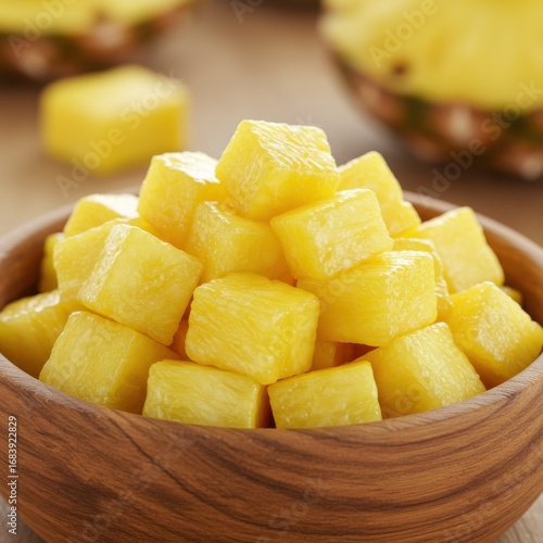 Cubed Pineapple in Wooden Bowl