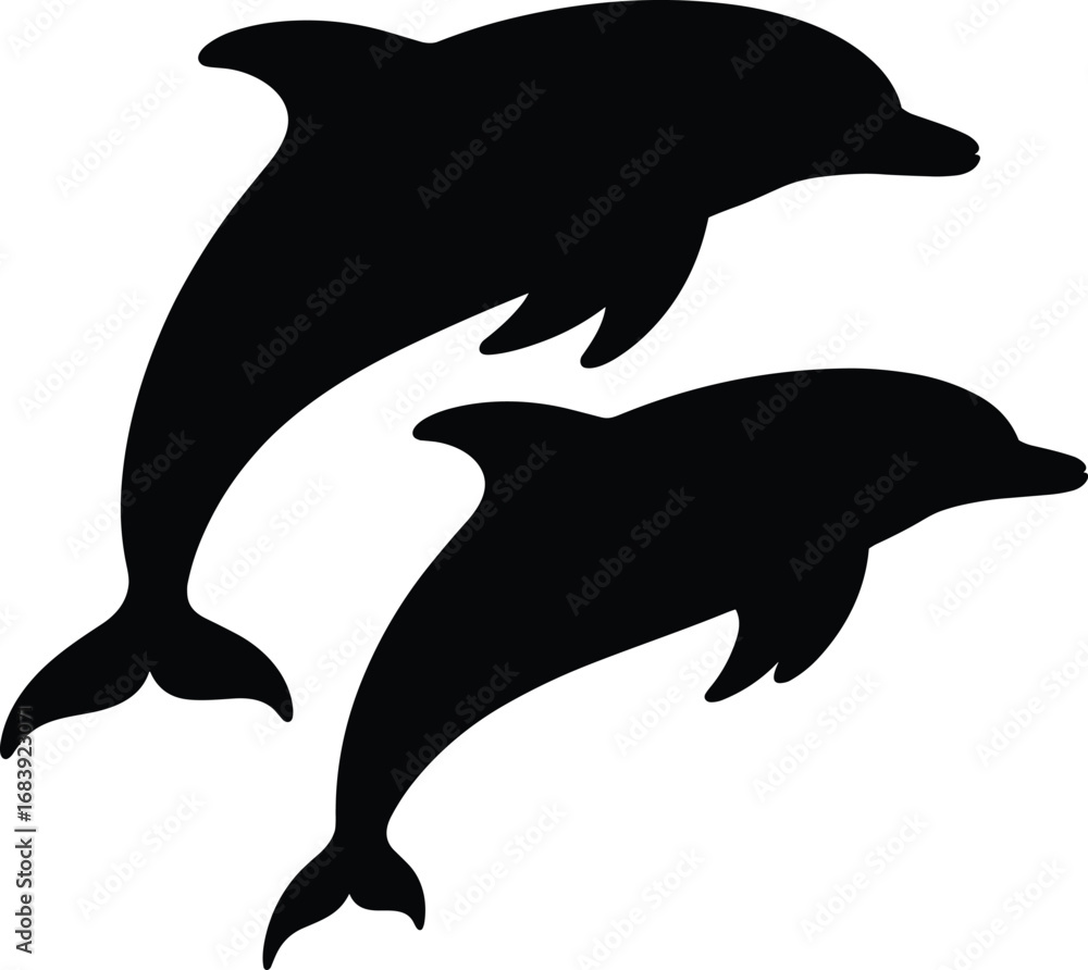 Fototapeta premium Dolphin silhouette vector illustration, jumping dolphins design, marine animal clipart, ocean wildlife symbol, sea creature black shape isolated icon