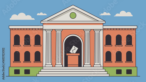 Illustration of a government building with ballot box for voting and political themes