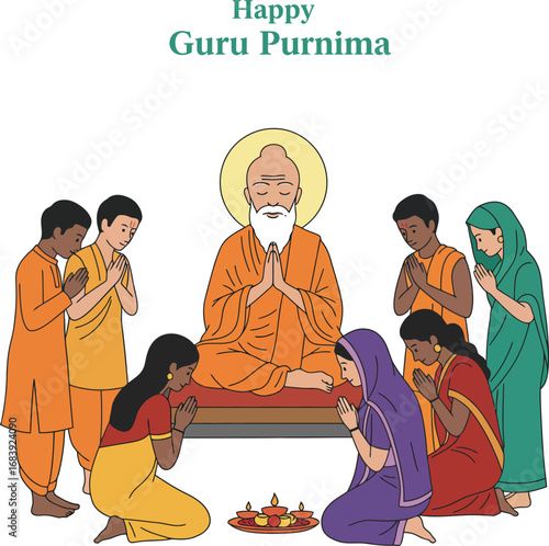 A Heartfelt Graphic of Disciples Honoring their Guru during Guru Purnima, a Sacred Celebration of Teachers and Spiritual Guidance.