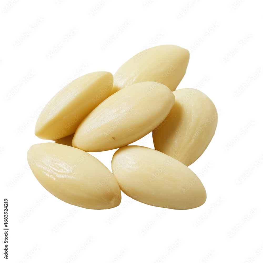 Obraz premium Blanched almonds with smooth texture and creamy white color isolated on transparency background, healthy snack option with natural nut shape and fresh appearance