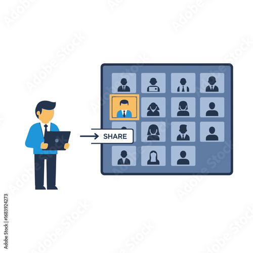 Man with laptop selects a person from a grid of profile icons.