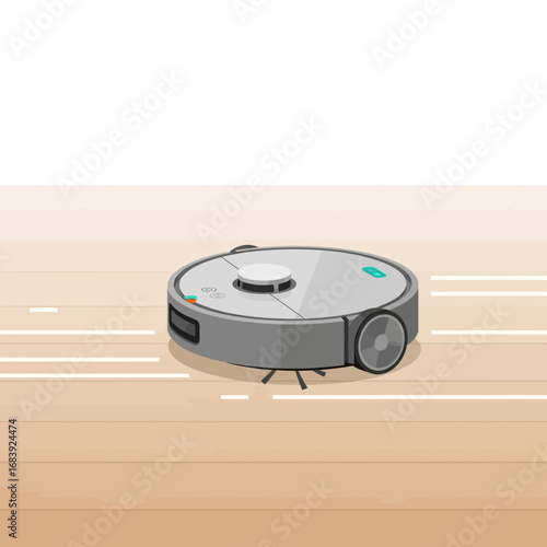 Round robot vacuum cleaner on wooden floor with white background.