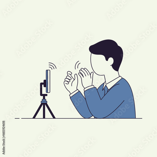 Person using smartphone on tripod with wifi signal illustration against light background.