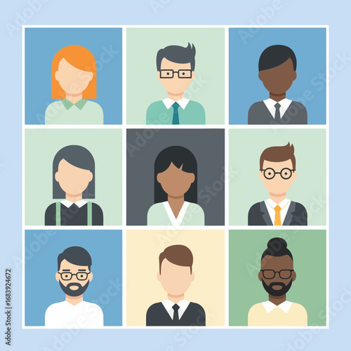 Nine diverse avatar faces arranged in a grid on a light blue background.