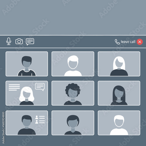 Video conference grid with multiple participants shown as avatars.