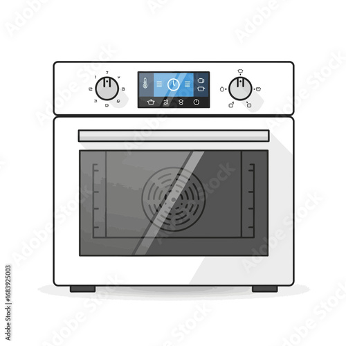 A white modern oven with a digital display and glass door.