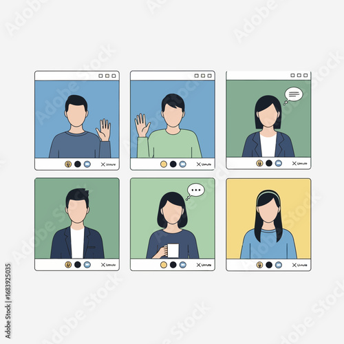 Six people in video call windows communicating online.