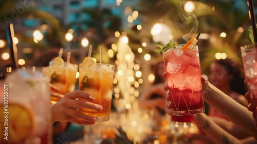 Group of people raising colorful cocktails with fruit and mint garnishes in a lively outdoor party atmosphere.