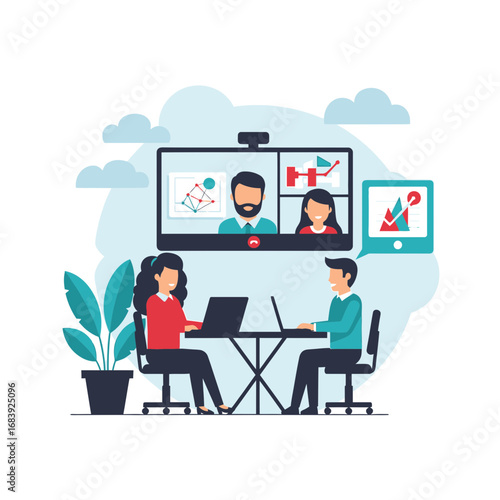 People in an office collaborating on a video conference call.