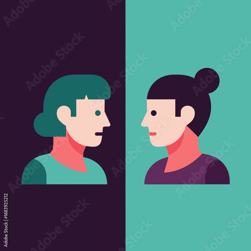Two stylized people facing each other against a split background.