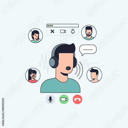 Man with headphones on video call with multiple people.