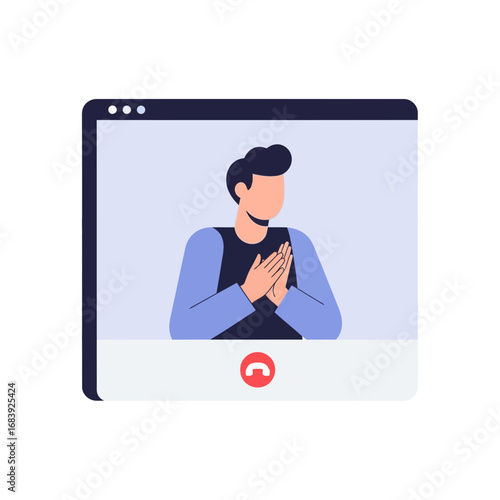 Man on a video call screen with hands clasped.
