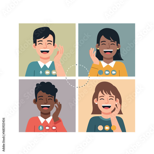 Four diverse people laughing and smiling in colorful squares.