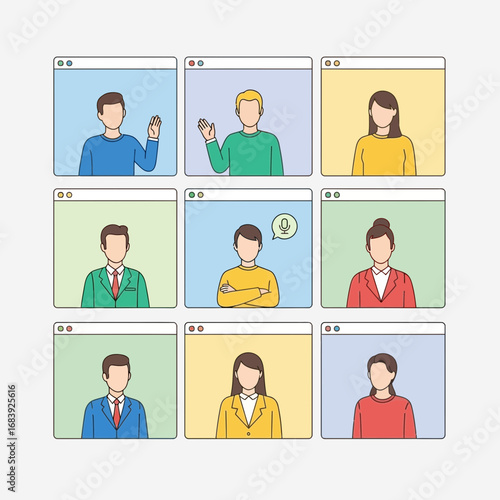 Nine people in video call windows on a light background.