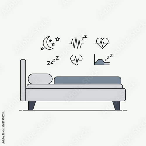 Bed with icons representing sleep and health monitoring.