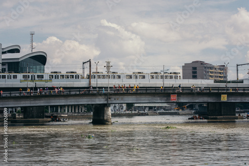 Urban Metro Train Crossing River Bridge Quiapo, Manila, Philippines