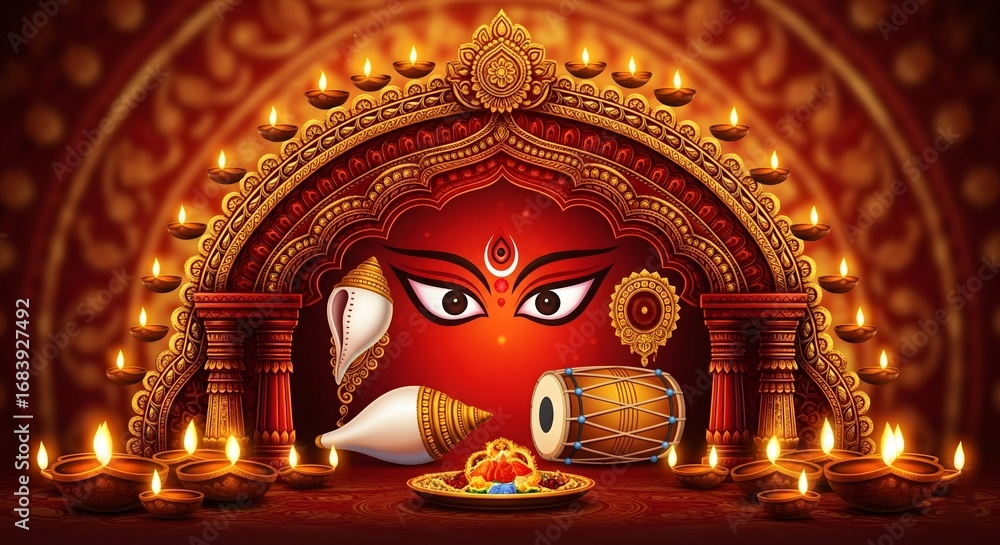 Fototapeta premium Devotional altar with goddess durga and lit diyas