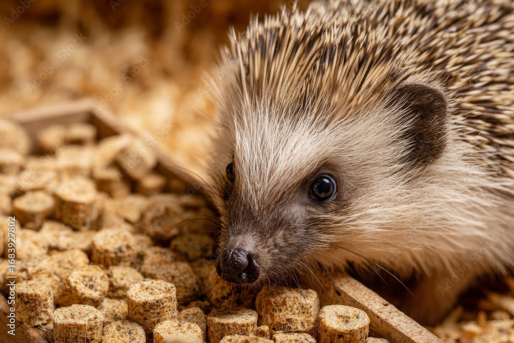 Naklejka premium A small hedgehog is curiously exploring its habitat filled with wooden bedding and food pellets. Soft light highlights its quills and expressive face as it investigates its surroundings