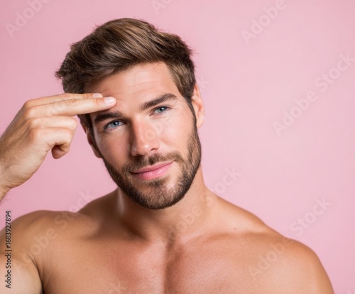 A close-up portrait of a man examining his forehead, showcasing a thoughtful expression against a vibrant pink background.