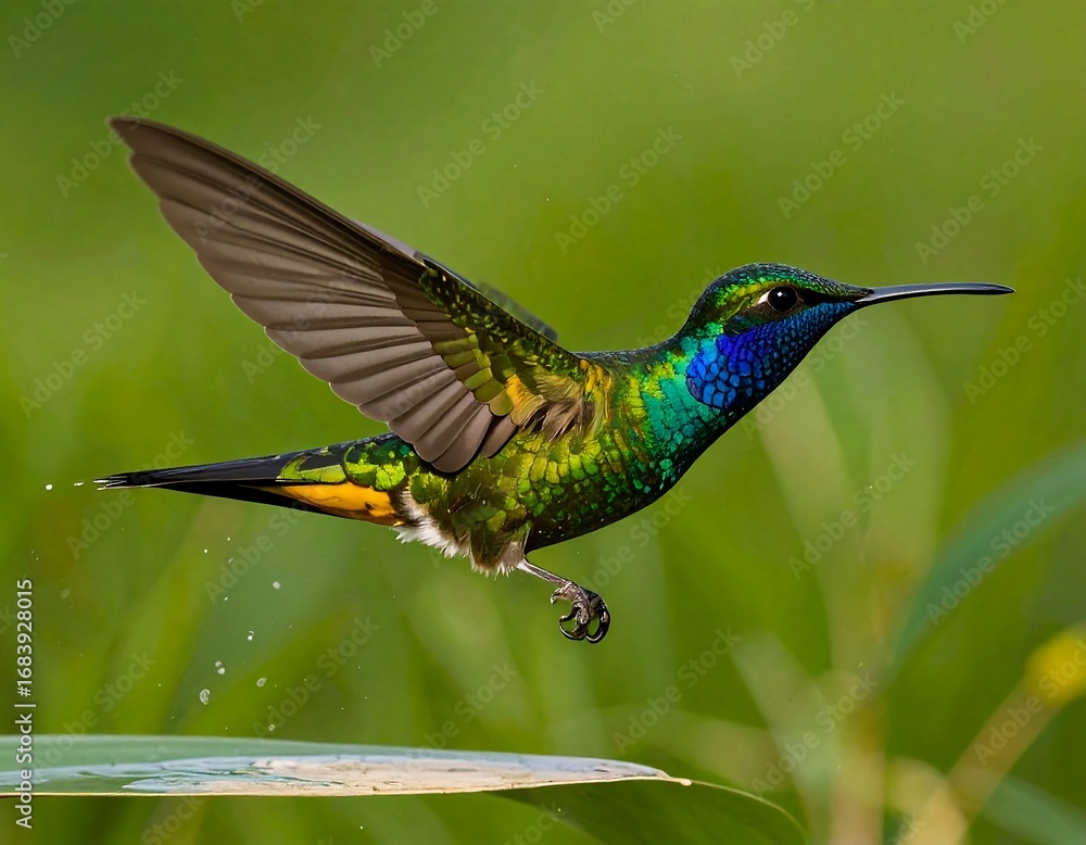Fototapeta premium Vibrant hummingbird in flight, landing on a leaf