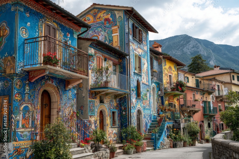 Fototapeta premium Brightly painted buildings with intricate murals stand proudly in a quaint village surrounded by stunning mountain scenery. This picturesque location embodies artistic culture and community spirit