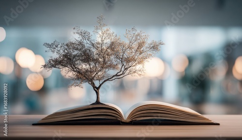 Open book with tree growing from pages