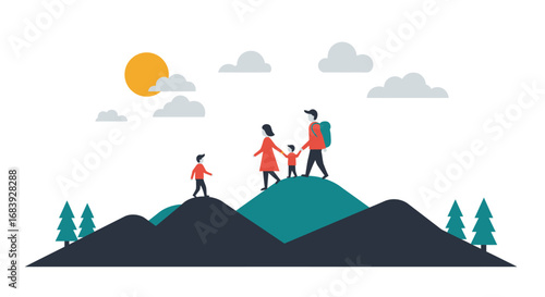 United Family Hiking Together, Symbolizing Progress, Support, and a Bright Future Ahead