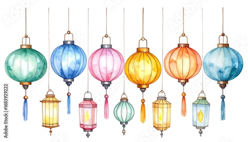 Watercolor lanterns in various colors