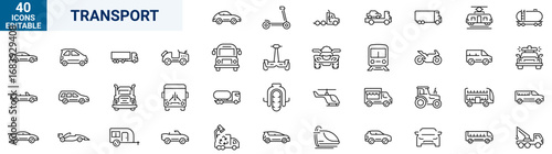 Transport web line icons. Containing car, bike, plane, train, bicycle, motorbike, bus and scooter. Editable stroke. Vector illustration
